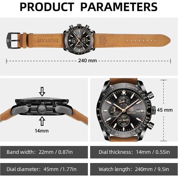 ⚡Watches for Men Analog Quartz Chronograph 30M Waterproof Luminous Big Face - Picture 4 of 9